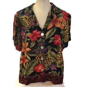 Vintage Stonebridge Womens Blouse Button Front Shirt Large Floral Leopard